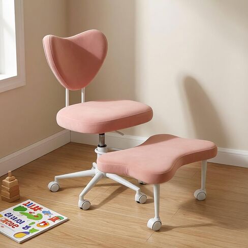 Ergonomic Cross-Legged Office Chair with 360 Movable Footrest, Pink Velvet, Swivel Rolling Casters, Adjustable Kneeling Chair, Multi-Position Back Support Home Desk Chair in Kuwait