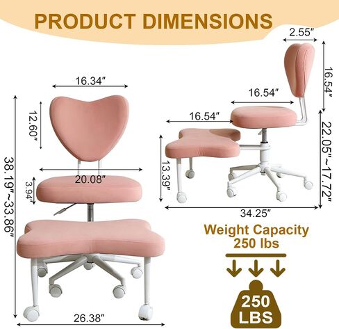 Ergonomic Cross-Legged Kneeling Chair for Meditation/Yoga, Pink Velvet Office Chair, Multi-Position Back Support, Rolling Wheels, Adjustable Height, Professional Desk Seating in Kuwait