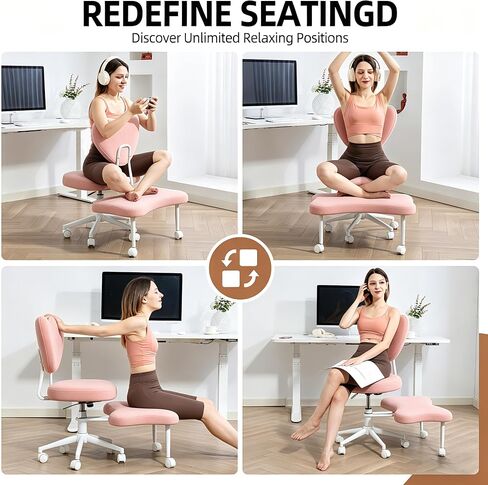 Ergonomic Cross-Legged Kneeling Chair for Meditation/Yoga, Pink Velvet Office Chair, Multi-Position Back Support, Rolling Wheels, Adjustable Height, Professional Desk Seating in Kuwait