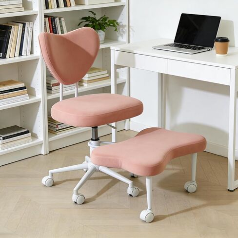Ergonomic Cross-Legged Kneeling Chair for Meditation/Yoga, Pink Velvet Office Chair, Multi-Position Back Support, Rolling Wheels, Adjustable Height, Professional Desk Seating in Kuwait