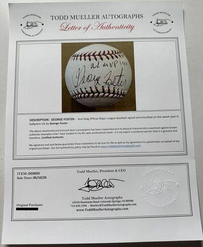 George Foster Signed Autographed "1977 NL MVP" Official National League (ONL) Baseball - Todd Mueller COA in Saudi Arabia