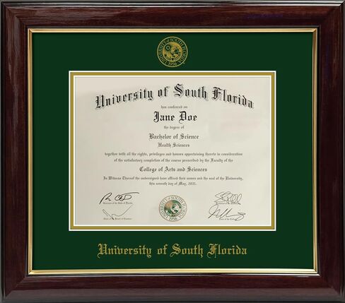 University of South Florida Diploma Frame - Officially Licensed - Glossy Mahogany Wood Frame with Gold Accent. Green and Gold Mats with Embossed School Seal and USFL Olde English Lettering in Kuwait