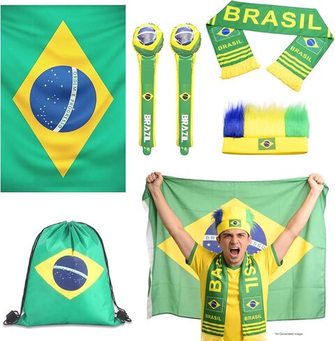 Brazil World Cup 2026 Soccer Fan Support Kit 6PCS,World Cup Merch for Fans Accessories,Flag Merchandise, Cheering Sticks,Scarf,Soccer Fan Decorations Kit Suitable for Events,Match Day & Parties in Kuwait