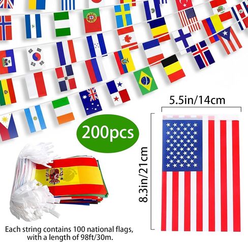 200 Piece Countries String Flag 196 Ft Flags of the World International Flags Bunting Banner Grand Opening Sports Country Decorations for World Cup,Olympic Multicultural Party National Day in Kuwait