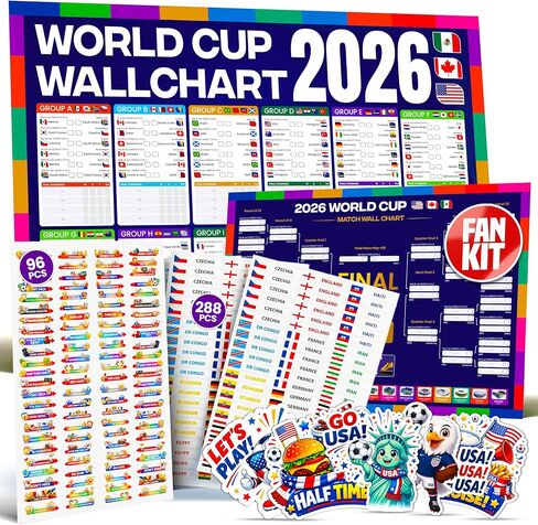World Cup Wall Chart 2026 Interactive Kit (USA Edition) – A1 Soccer Tournament Wall Planner, 288 Team Progression Stickers, 96 Match Action Stickers, Tournament Tracker & USA Sticker in Kuwait