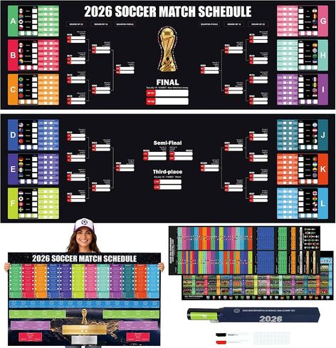 3PCS Latest Team 2026 World Soccer Championship Bracket Poster Set, 40 x 26 Inches Double-Sided Dry Erase Wall Chart, Soccer Bracket Poster with Match Tracker, Updated Team Information, Watch Party Decor for Home, Bar, Soccer Fan Gift in Kuwait