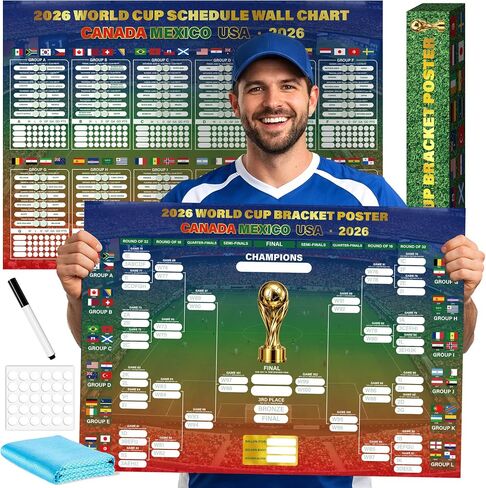 HiFulerr World Cup Bracket Poster 2026 (2 Pieces) – 16.5×23 inch Soccer Tournament Wall Chart with Dry Erase Marker & Cloth, Knockout Schedule Poster, Fan Gift & Party Decorations in Kuwait
