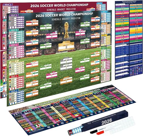 World Soccer Bracket Poster 3PCS Set, 40 x 26 Inches Double-Sided Dry Erase Wall Chart with Match Tracker, Team Info Sheet and Game Schedule Layout for Home, Bar, Watch Parties, Soccer Fans, Party Decor in Kuwait