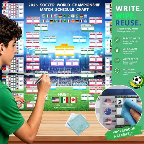 مجموعة ملصقات كبيرة جدًا لبطولة كرة القدم العالمية لعام 2026 (3 عبوات) - تقويم مخطط حائط مقاس 43 بوصة × 32 بوصة مع 48 ملصقًا لعلم الفريق، تتضمن ملصقات استاد A3 ونقاط المباراة، وقلم تحديد وشريط تثبيت in Kuwait