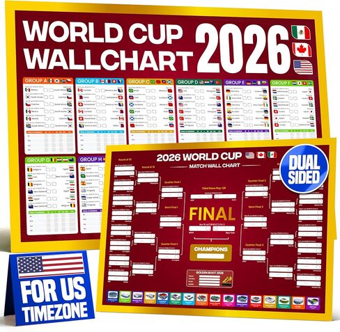 World Cup Bracket Poster 2026 | A1 Size 2026 World Cup Soccer Poster with US Kick Off Times, Fixtures, Stadiums & Host Cities | 2026 World Cup Wall Chart in Kuwait