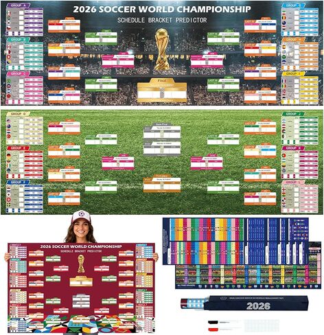 World Soccer Bracket Poster 3PCS Set, 40 x 26 Inches Dry Erase Double Sided Wall Chart with Group Stage, Knockout Bracket, Match Schedule Poster and Updated Team Information for Home, Bar, Watch Parties, Soccer Fan Gift in Kuwait