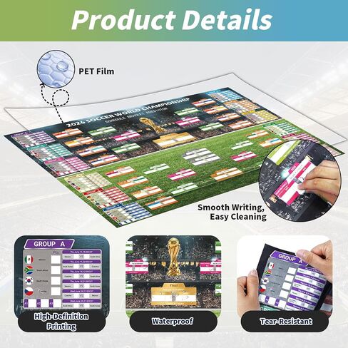 World Soccer Bracket Poster 3PCS Set, 40 x 26 Inches Dry Erase Double Sided Wall Chart with Group Stage, Knockout Bracket, Match Schedule Poster and Updated Team Information for Home, Bar, Watch Parties, Soccer Fan Gift in Kuwait