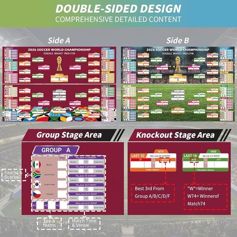 World Soccer Bracket Poster 3PCS Set, 40 x 26 Inches Dry Erase Double Sided Wall Chart with Group Stage, Knockout Bracket, Match Schedule Poster and Updated Team Information for Home, Bar, Watch Parties, Soccer Fan Gift in Kuwait