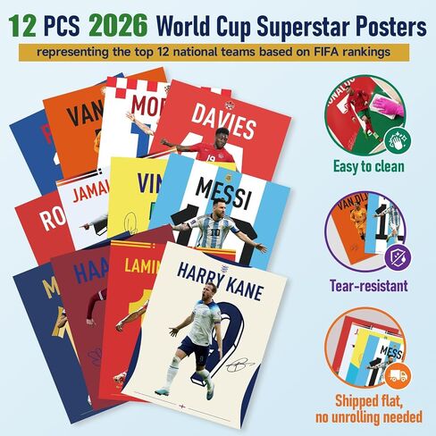 12 PCS World Cup 2026 Soccer Superstar Poster 14"x11", World Cup 2026 Merchandise, Soccer Decor For Boys Bedroom,Messi,Ronaldo, Mbappe,Haaland And Pulisic Poster,Gifts for Soccer Fans,Unframed in Kuwait