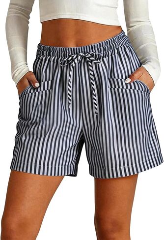 Striped Shorts Women Summer Casual Lounge Beach Vacation Shorts Drawstring Elastic Waist Short Pants with Pockets in Kuwait