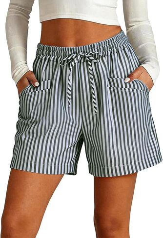 Striped Shorts Women Summer Casual Lounge Beach Vacation Shorts Drawstring Elastic Waist Short Pants with Pockets in Kuwait