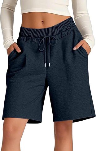 Womens Casual Bermuda Shorts Summer Trendy Drawstring Knee Length Shorts High Waist Comfy Athletic Sweat Short Pants in Kuwait