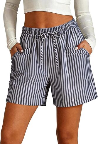 Striped Shorts Women Summer Casual Lounge Beach Vacation Shorts Drawstring Elastic Waist Short Pants with Pockets in Kuwait