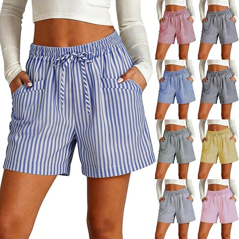 Striped Shorts Women Summer Casual Lounge Beach Vacation Shorts Drawstring Elastic Waist Short Pants with Pockets in Kuwait