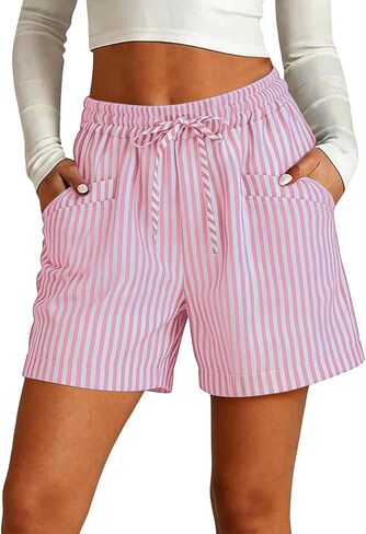 Striped Shorts Women Summer Casual Lounge Beach Vacation Shorts Drawstring Elastic Waist Short Pants with Pockets in Kuwait