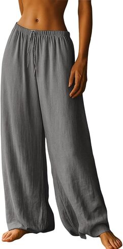 Wide Leg Pants for Women Cotton Linen Summer Flowy Palazzo Pants Drawstring Elastic Waist Beach Vacation Trousers in Kuwait