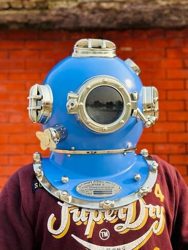 Vintage US Navy Mark V Diving Helmet Replica, Blue, Solid Metal, Nautical Maritime Collectible Decor in Kuwait
