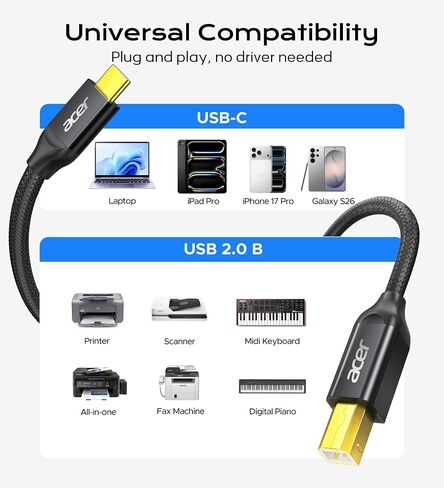 Acer USB B to USB C Printer Cable 6.6 FT, Nylon Printer Cord to USB C for MacBook Pro/Air, MIDI Cable for and Yamaha & Casio Digital Piano, MIDI Keyboards, DJ Controllers, DACs to iPad in Saudi Arabia