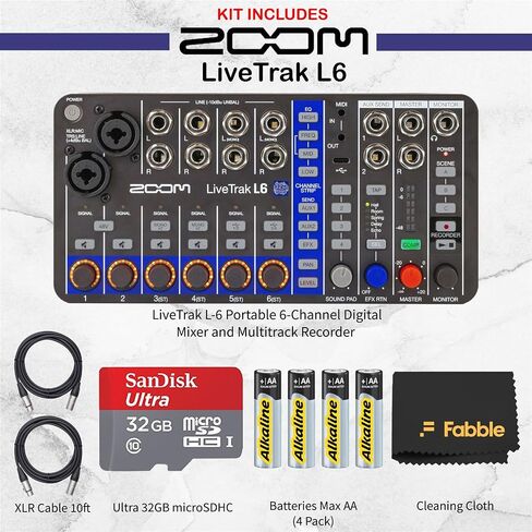 Zoom LiveTrak L6 حزمة خلاط رقمي ومسجل متعدد المسارات بـ 6 قنوات مع كابلات XLR بطول 2 × 10 قدم، وبطاقة microSDHC سعة 32 جيجابايت، وكابل USB، وبطاريات AA، ضمان محدود لمدة عام من المصنع in Kuwait