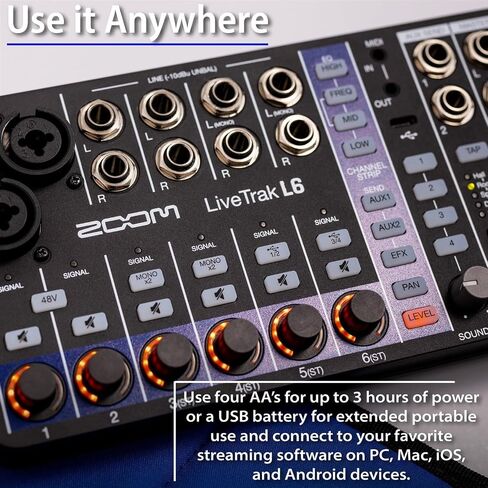 Zoom LiveTrak L6 حزمة خلاط رقمي ومسجل متعدد المسارات بـ 6 قنوات مع كابلات XLR بطول 2 × 10 قدم، وبطاقة microSDHC سعة 32 جيجابايت، وكابل USB، وبطاريات AA، ضمان محدود لمدة عام من المصنع in Kuwait