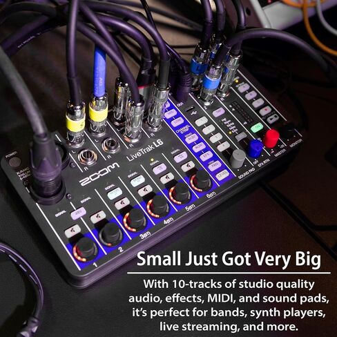 Zoom LiveTrak L6 حزمة خلاط رقمي ومسجل متعدد المسارات بـ 6 قنوات مع كابلات XLR بطول 2 × 10 قدم، وبطاقة microSDHC سعة 32 جيجابايت، وكابل USB، وبطاريات AA، ضمان محدود لمدة عام من المصنع in Kuwait