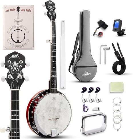 AKLOT Full-Sized Banjo Set: 38’’ 5 String Banjo with Remo Head, Removable Resonator, Geared 5th Tuner, 24 Brackets, Deluxe Beginner Kit with Gig Bag, Strings, Strap, Picks, Tuner, Bridge Ruler in Kuwait