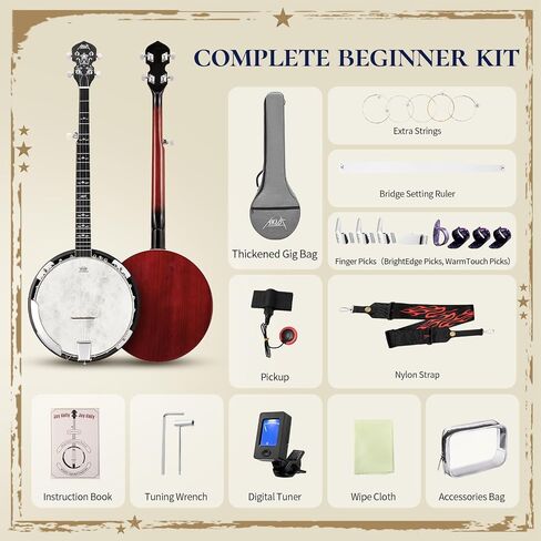 AKLOT Full-Sized Banjo Set: 38’’ 5 String Banjo with Remo Head, Removable Resonator, Geared 5th Tuner, 24 Brackets, Deluxe Beginner Kit with Gig Bag, Strings, Strap, Picks, Tuner, Bridge Ruler in Kuwait