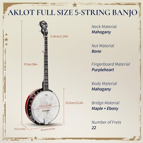 AKLOT Full-Sized Banjo Set: 38’’ 5 String Banjo with Remo Head, Removable Resonator, Geared 5th Tuner, 24 Brackets, Deluxe Beginner Kit with Gig Bag, Strings, Strap, Picks, Tuner, Bridge Ruler in Kuwait