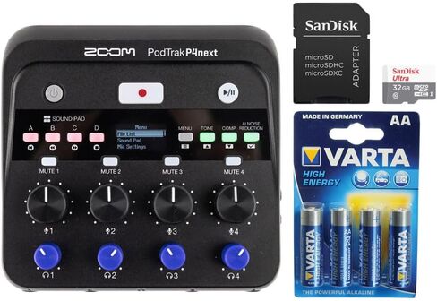 مجموعة تسجيل البودكاست المحمولة متعددة المسارات Zoom PodTrak P4next مع بطاقة ذاكرة SanDisk Ultra UHS-I microSDHC بسعة 32 جيجابايت مع محول SD، بطارية فارتا عالية الطاقة 1.5 فولت AA LR6 القلوية (4 عبوات) in Kuwait