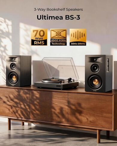 مكبرات صوت على رف الكتب تعمل بثلاثة اتجاهات من ULTIMEA مع مكبر صوت 5.25 بوصة، و70 وات RMS، وتطبيق، وEdge Horn & BassMX، ومخرج SUB وHDMI ARC للمسرح المنزلي، وBluetooth 6.0، وAuracast، وتصميم خالي من الشبكة، BS-3 in Kuwait