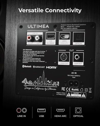 مكبرات صوت على رف الكتب تعمل بثلاثة اتجاهات من ULTIMEA مع مكبر صوت 5.25 بوصة، و70 وات RMS، وتطبيق، وEdge Horn & BassMX، ومخرج SUB وHDMI ARC للمسرح المنزلي، وBluetooth 6.0، وAuracast، وتصميم خالي من الشبكة، BS-3 in Kuwait