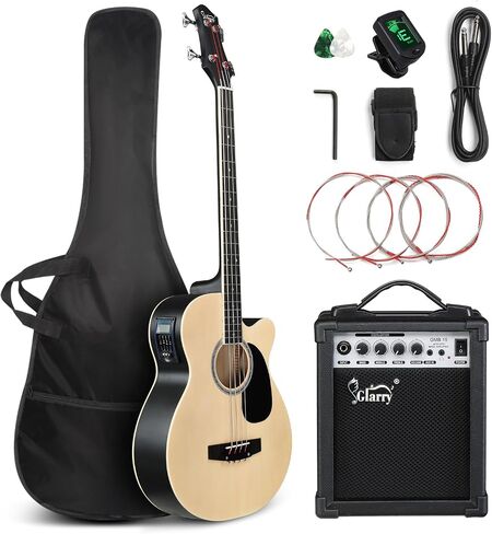 GLARRY Full Size Acoustic Electric Bass Guitar Beginner Kit w/ 15W Amp, Cutaway 4 Strings Electric Acoustic Bass Guitar w/Inbuilt Tuner, Bag, Strap, Picks, Strings, Bass Guitarra，Matte Black in Kuwait