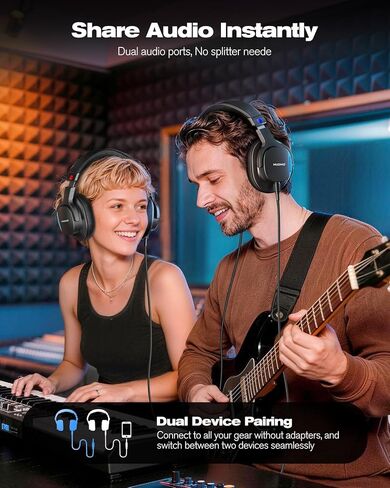 NUBWO Studio Monitor Headphones, Hi-Res Wired Over Ear Headphones with 1/4 inch to 3.5mm Jack, 45mm Drivers, Professional DJ Headphones for Piano Guitar APM Recording Mixing-HD01 (Black) in Saudi Arabia