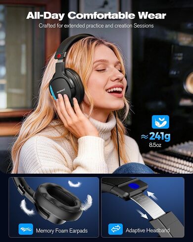 NUBWO Studio Monitor Headphones, Hi-Res Wired Over Ear Headphones with 1/4 inch to 3.5mm Jack, 45mm Drivers, Professional DJ Headphones for Piano Guitar APM Recording Mixing-HD01 (Black) in Saudi Arabia