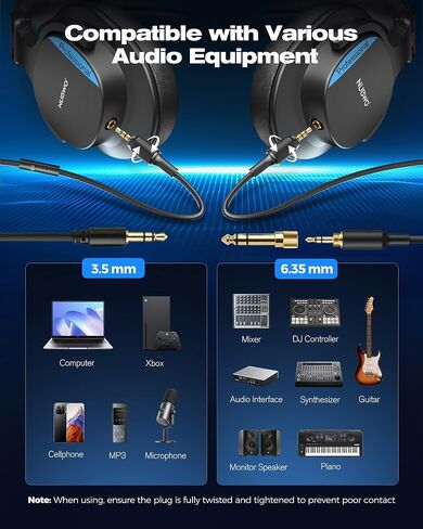 NUBWO Studio Monitor Headphones, Hi-Res Wired Over Ear Headphones with 1/4 inch to 3.5mm Jack, 45mm Drivers, Professional DJ Headphones for Piano Guitar APM Recording Mixing-HD01 (Black) in Saudi Arabia