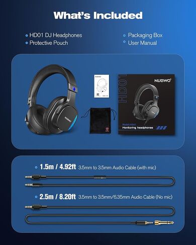 NUBWO Studio Monitor Headphones, Hi-Res Wired Over Ear Headphones with 1/4 inch to 3.5mm Jack, 45mm Drivers, Professional DJ Headphones for Piano Guitar APM Recording Mixing-HD01 (Black) in Saudi Arabia