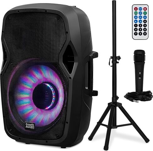Acoustic Audio by Goldwood 1000W Bluetooth Speaker w/ Flashing LED, Large Plug-In PA System w/ Stand, Mic, & Remote for Karaoke, DJ, or Tailgate Party in Kuwait