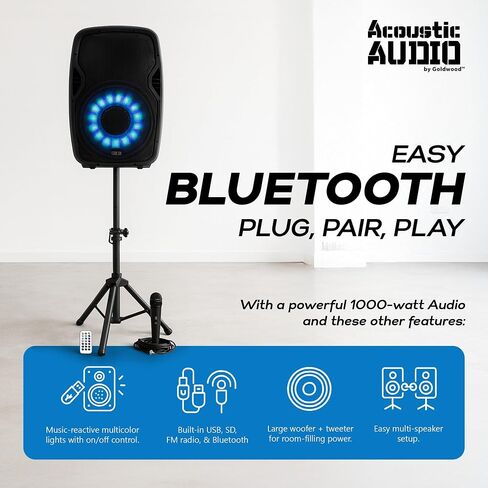 Acoustic Audio by Goldwood 1000W Bluetooth Speaker w/ Flashing LED, Large Plug-In PA System w/ Stand, Mic, & Remote for Karaoke, DJ, or Tailgate Party in Kuwait