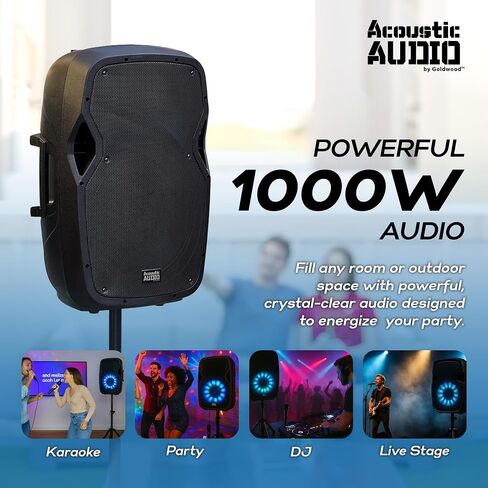Acoustic Audio by Goldwood 1000W Bluetooth Speaker w/ Flashing LED, Large Plug-In PA System w/ Stand, Mic, & Remote for Karaoke, DJ, or Tailgate Party in Kuwait