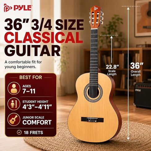 Beginner 36" Classical Acoustic Guitar - 3/4 Junior Size 6 String Linden Wood Guitar w/Gig Bag, Tuner, Nylon Strings, Picks, Strap, For Beginners, Adults in Kuwait