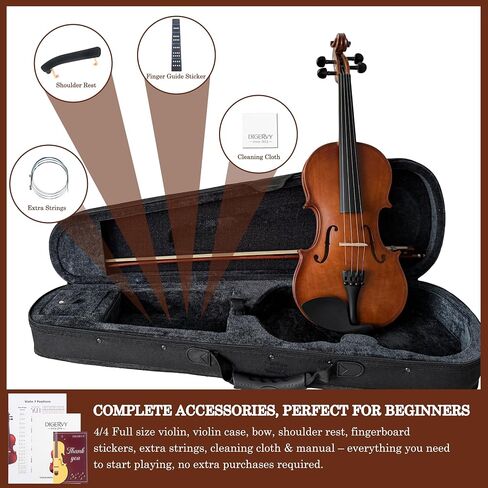 Violin 4/4 Full Size Kit, Violin Fiddle Set for Beginner Adults Students with Rosewood Bow, Violin Case, Shoulder Rest, Extra Strings and Bridge(Plywood, Full) in Kuwait
