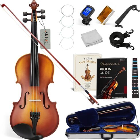 AKLOT Handcrafted Full Size Violin: Solid Wood Matte Fiddle, Acoustic Beginner 4/4 Violin Kit with Hard Case, Lesson Book, Bow, Shoulder Rest, Extra Strings, Tuner, Fretboard Stickers (VRT-AmiCS) in Kuwait