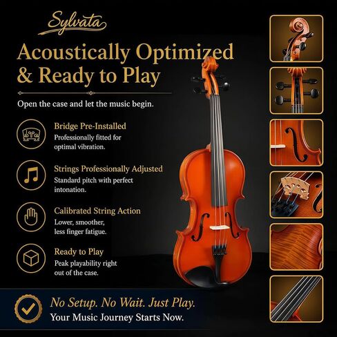 4/4 Full Size Violin Starter Kit, Acoustic Fiddle for Beginners & Students, Tiger-Striped Violin 4/4 Full Size with Ebony Fittings, Includes Alice Bow, 2 Bridges, Tuner, and Case in Saudi Arabia