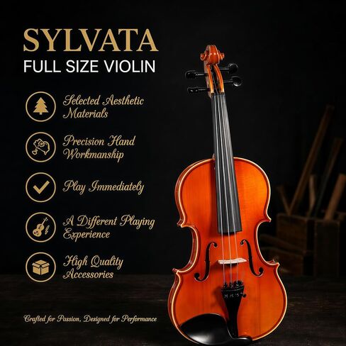 Handcrafted Solid Wood Violin 4/4 Full Size, Acoustic Fiddle with Gradient Finish, Ebony Fingerboard & Fittings, High-End Full Size Violin Kit with Ebony Bow, Alice Strings, and Deluxe Case in Saudi Arabia