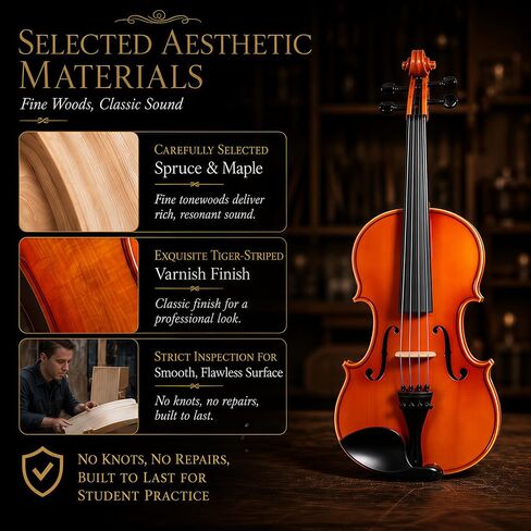 Handcrafted Solid Wood Violin 4/4 Full Size, Acoustic Fiddle with Gradient Finish, Ebony Fingerboard & Fittings, High-End Full Size Violin Kit with Ebony Bow, Alice Strings, and Deluxe Case in Saudi Arabia